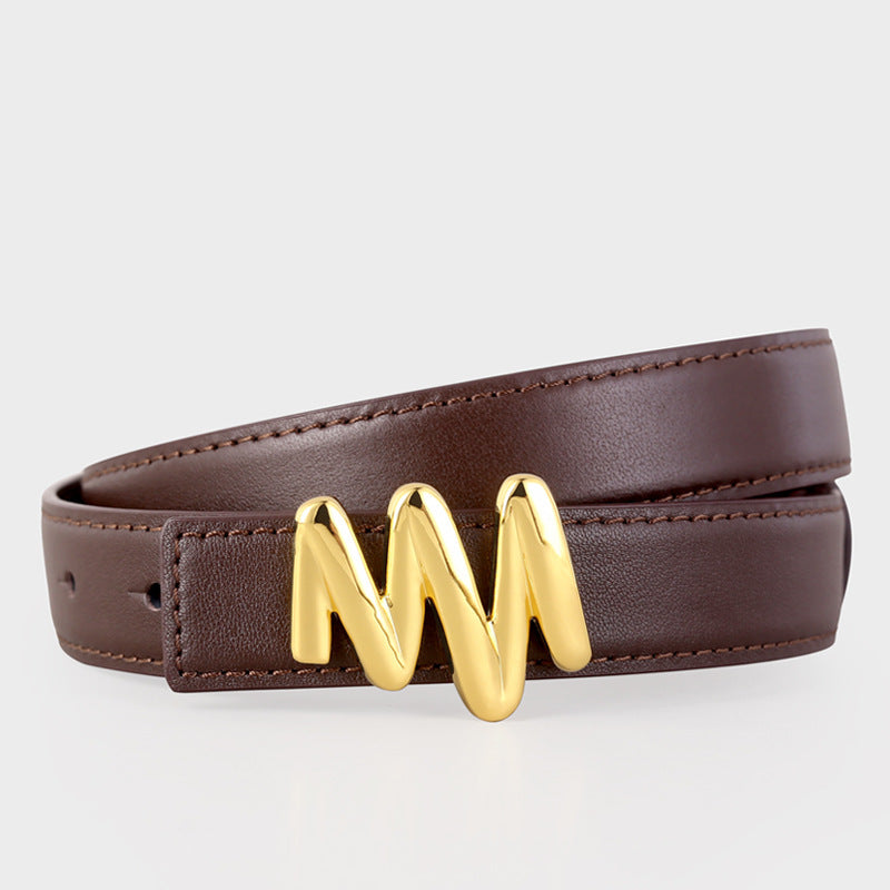 Glossy gold buckle cowhide leather belt in brown with stitched detail.