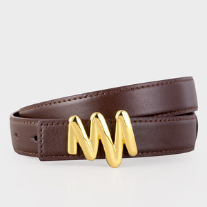 Glossy gold buckle cowhide leather belt in brown with stitched detail.