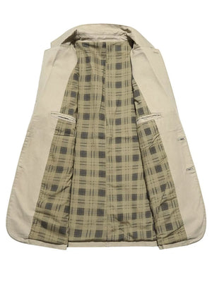 Light Khaki casual button-up blazer for men, cotton fabric, plaid lining