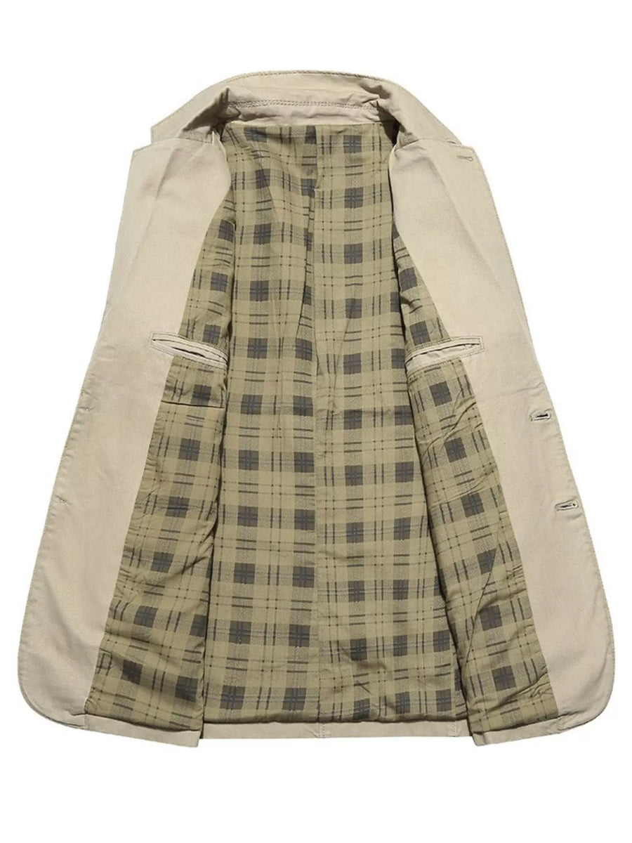 Light Khaki casual button-up blazer for men, cotton fabric, plaid lining