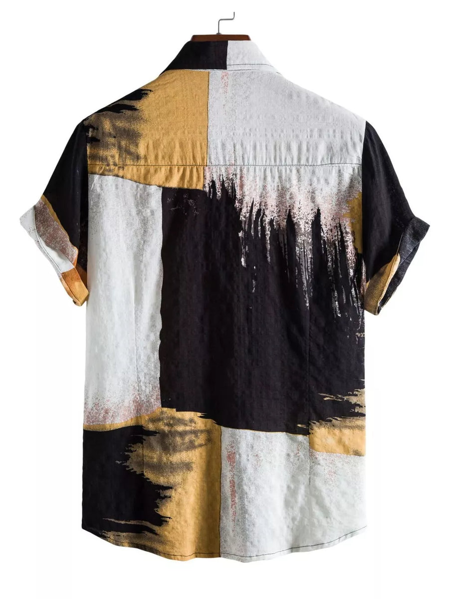 Yellow with Men's Plus Size Color Block Button Up Shirt in Yellow