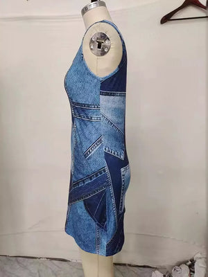 Patchwork Denim Sleeveless Mini Dress in Royal Blue
