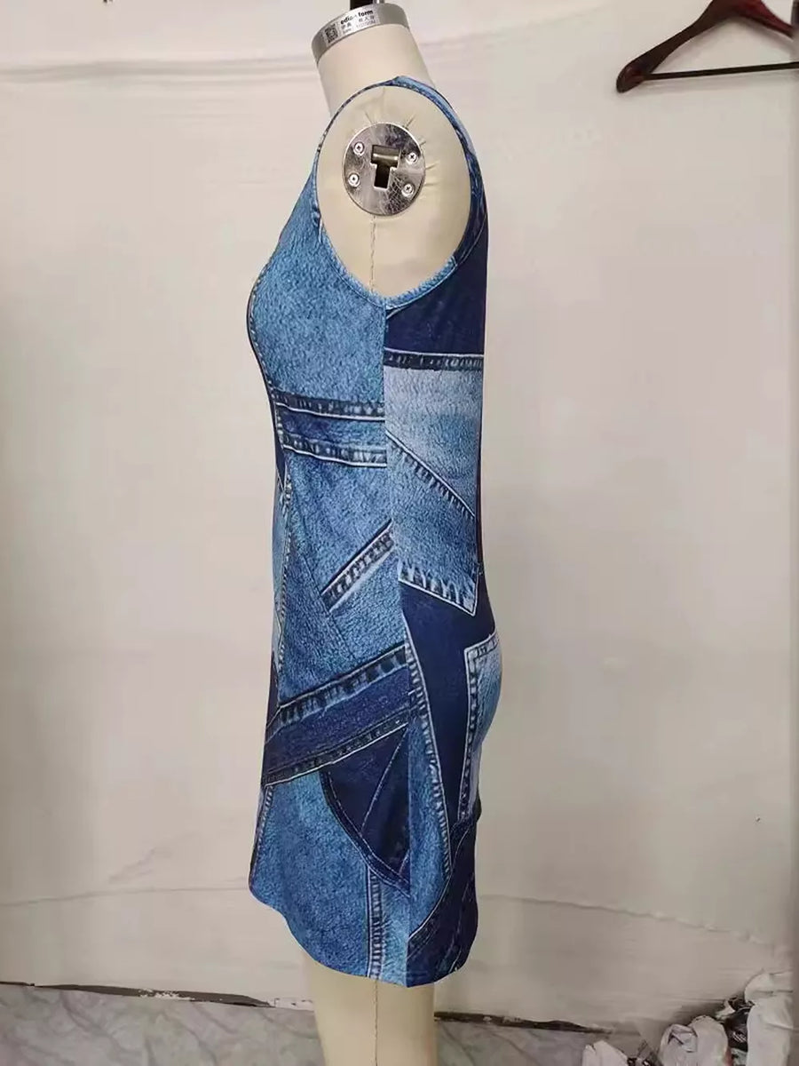 Patchwork Denim Sleeveless Mini Dress in Royal Blue