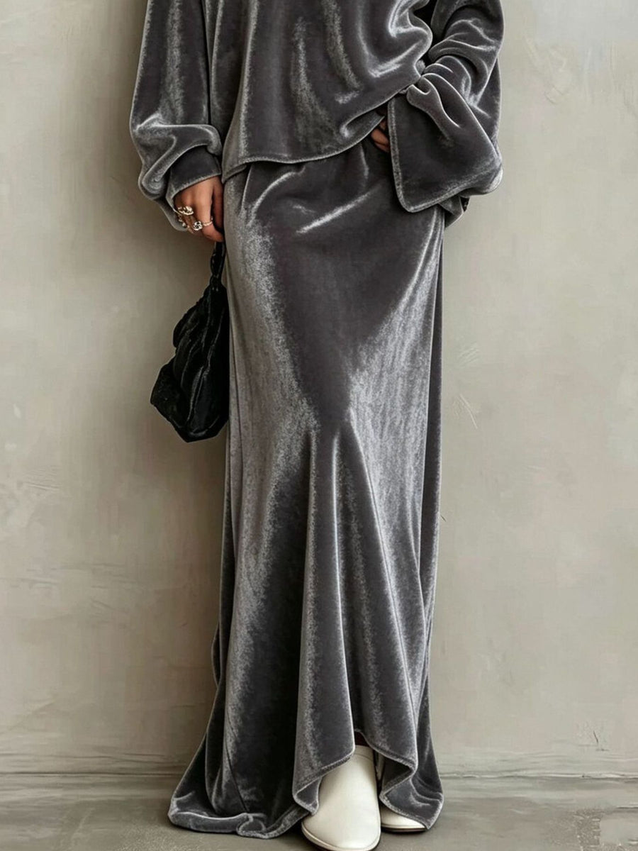 V-Neck Velvet Long Sleeve Top & Maxi Skirt Set in cream with two-piece set