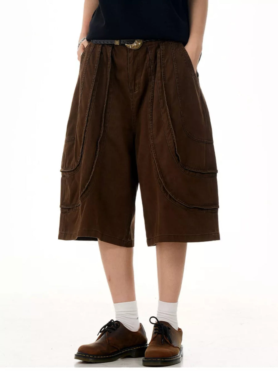 Khaki Men's Loose Fit Wide Leg Cargo Capris