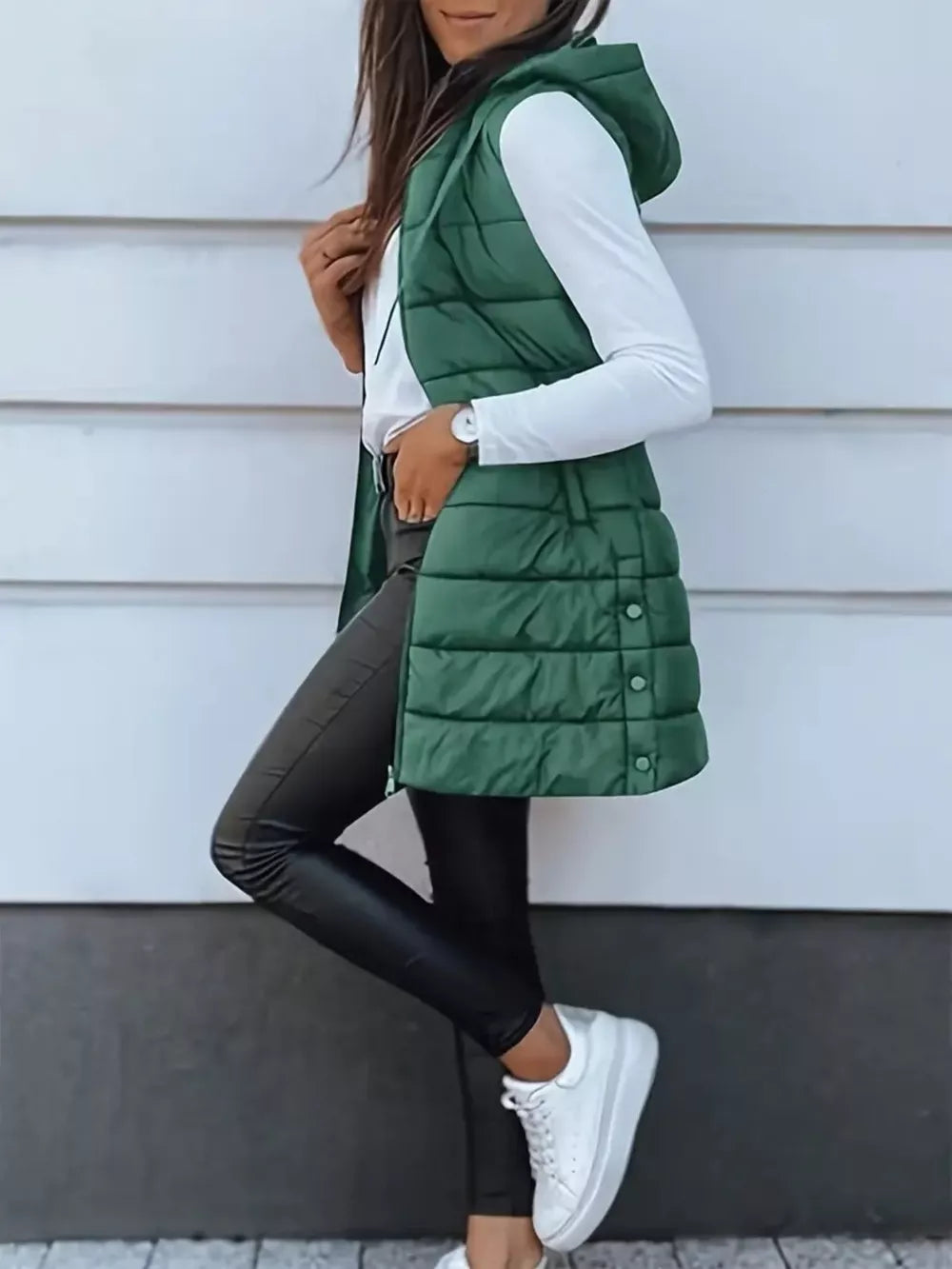 Green straight puffer vest with hooded