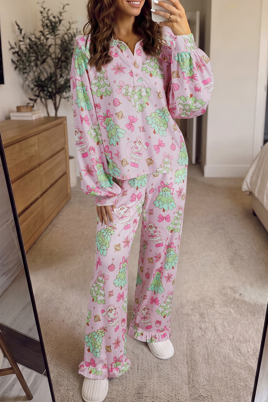 95% polyester, 5% elastane Care instructions: Machine wash cold pajama set in light pink with relaxed silhouette