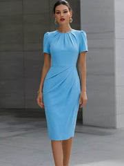 Blue midi dress with pleated neckline, ruched waist, and short sleeves.