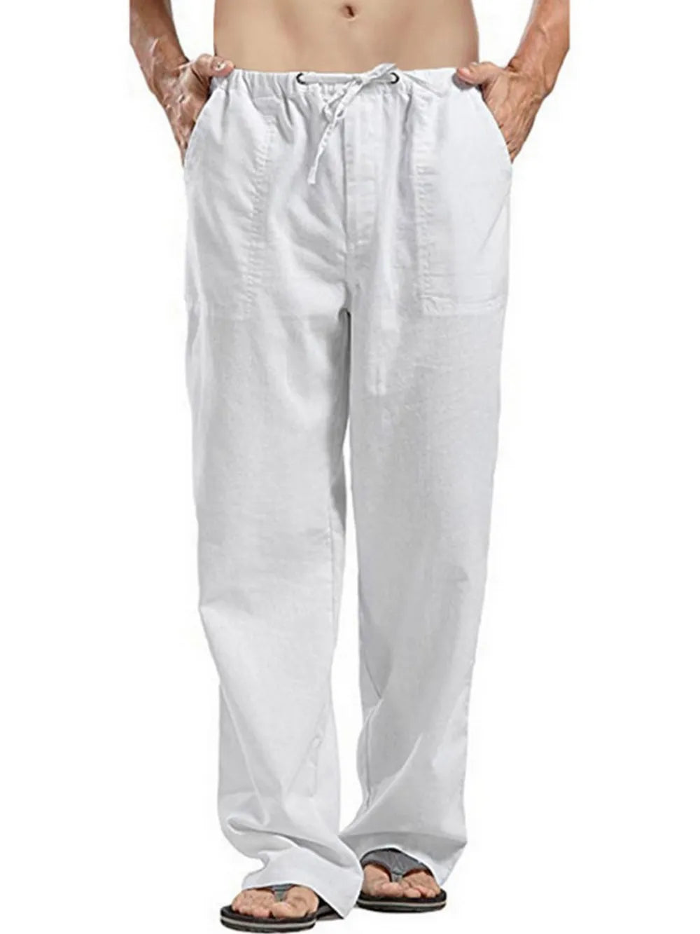 White linen drawstring trousers with a relaxed fit and side pockets.