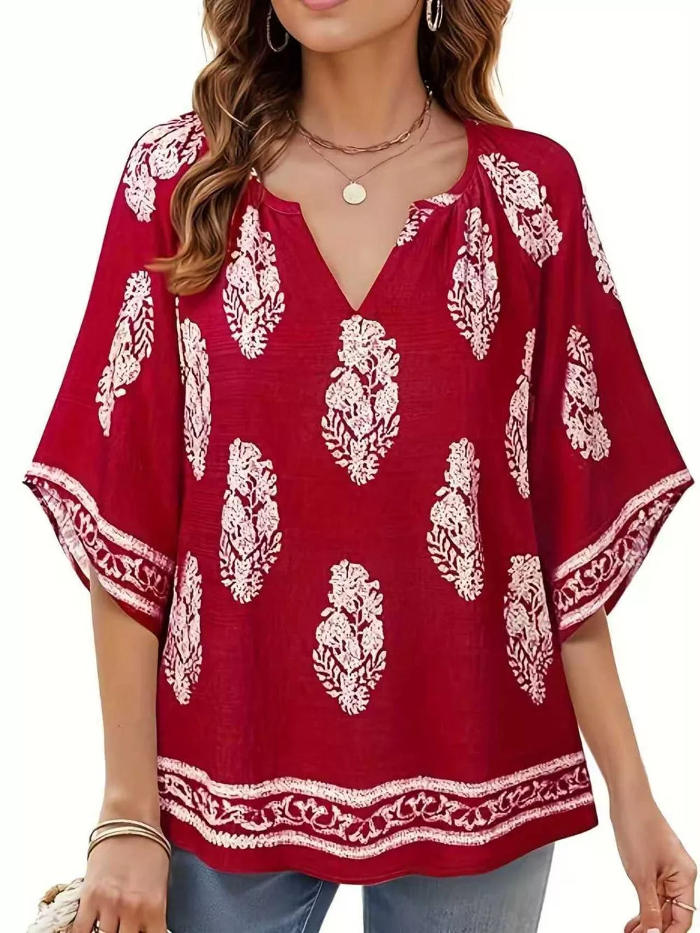 Printed Notched 3/4 Sleeve Blouse in Black