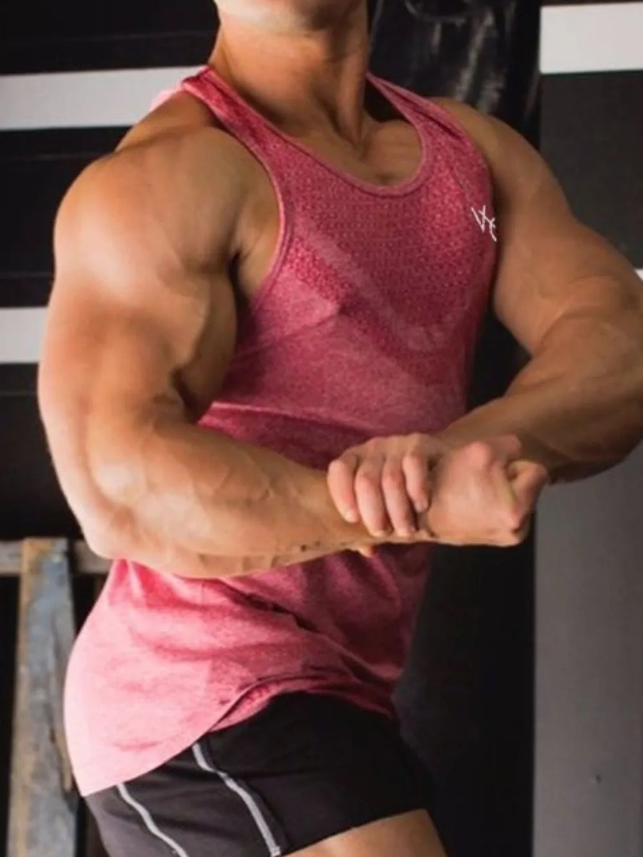 Performance knit active tank top in strawberry with a textured pattern and logo detail.