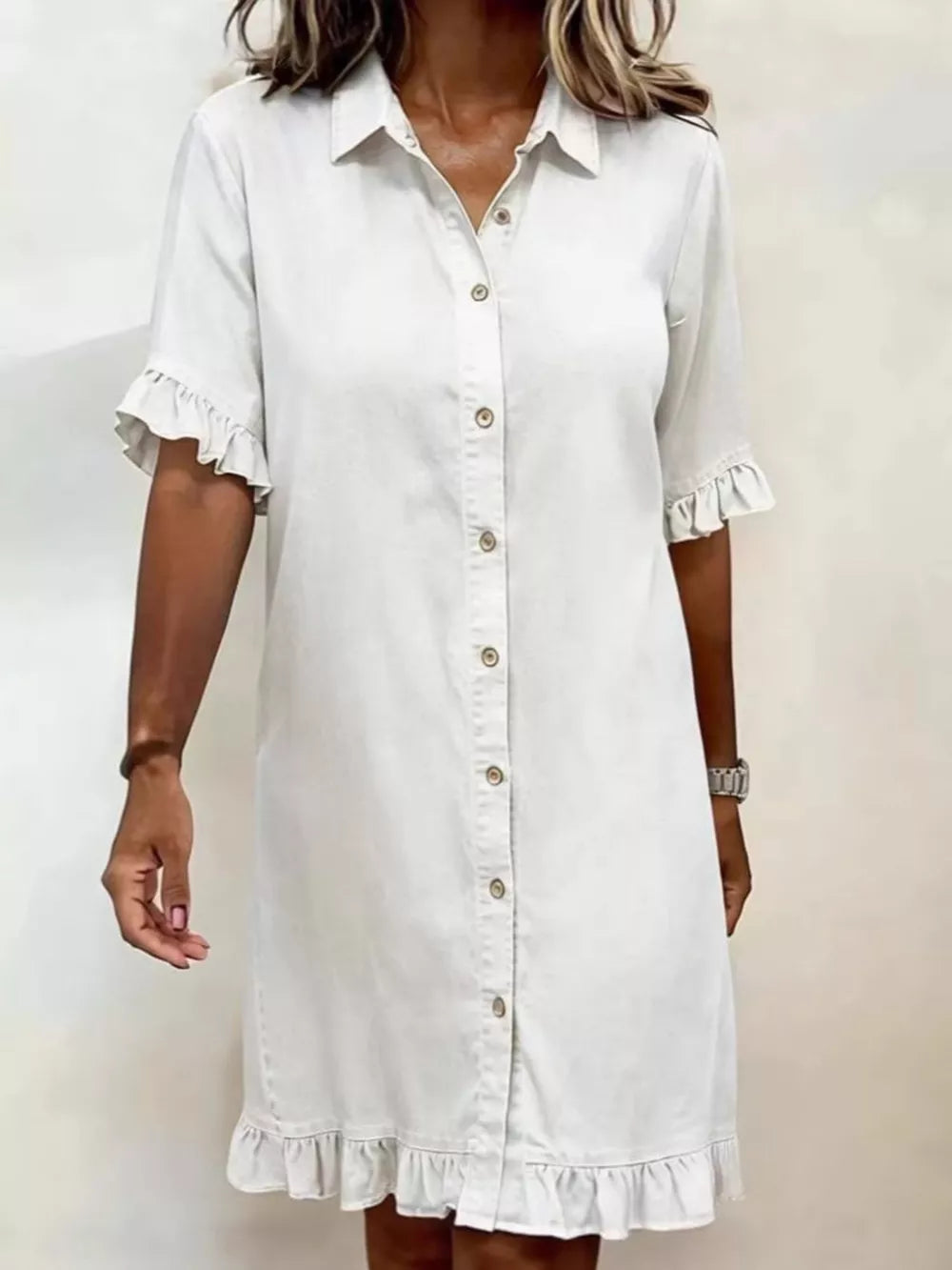 Black shirt dress with thigh-length and button-front