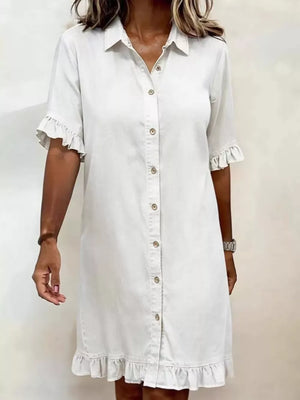 Black shirt dress with thigh-length and button-front