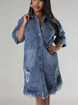 95% cotton, 5% spandex Care instructions: Machine wash cold shirt dress in denim blue with relaxed silhouette