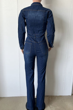 dark wash denim blue jumpsuit with seam detail and long sleeve