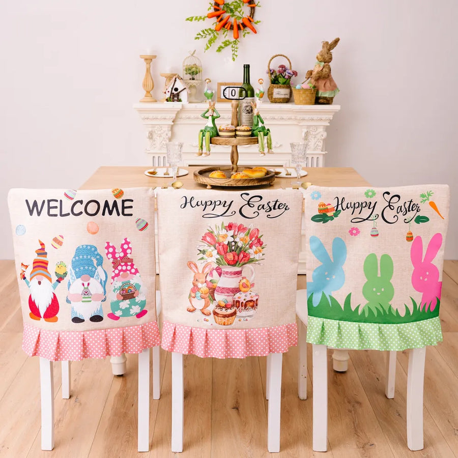 Easter chair covers with gnomes, bunnies, and tulips, featuring pink and green ruffles.