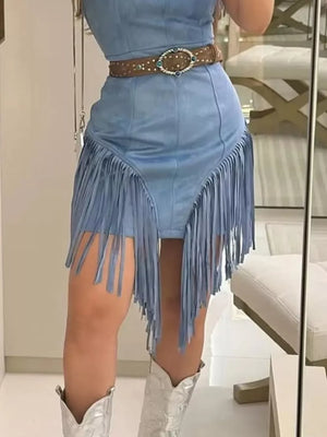 Blue asymmetrical mini dress with fringe detail and a western-style belt.