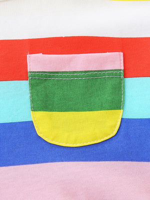 Toddler rainbow striped cotton dress with a contrasting green pocket.