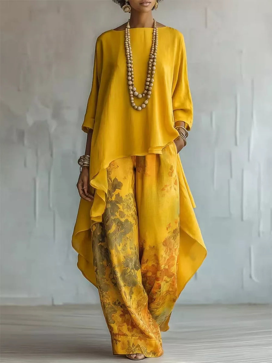 Asymmetrical Hem Top And Floral Pants Set in Yellow