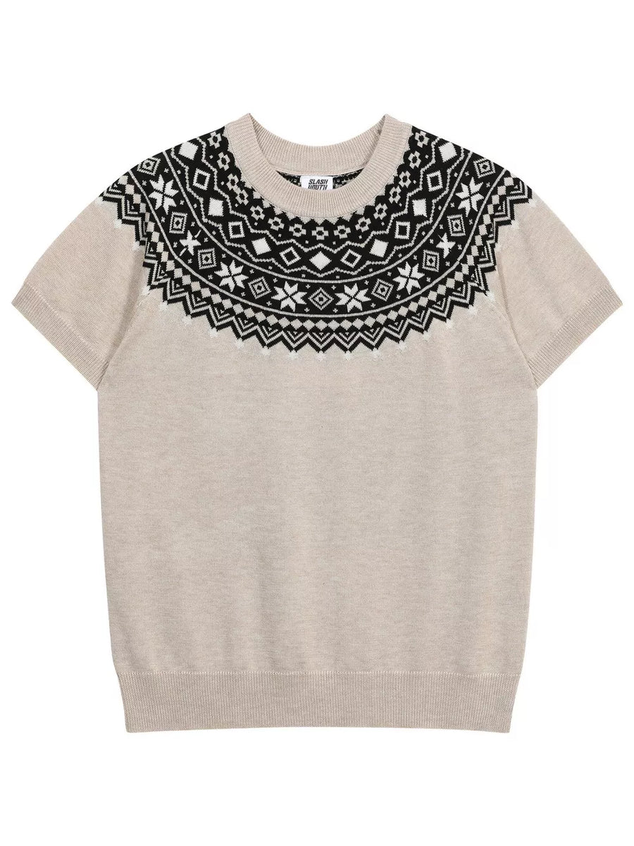Short sleeve beige knit sweater with black and white fair isle yoke detail