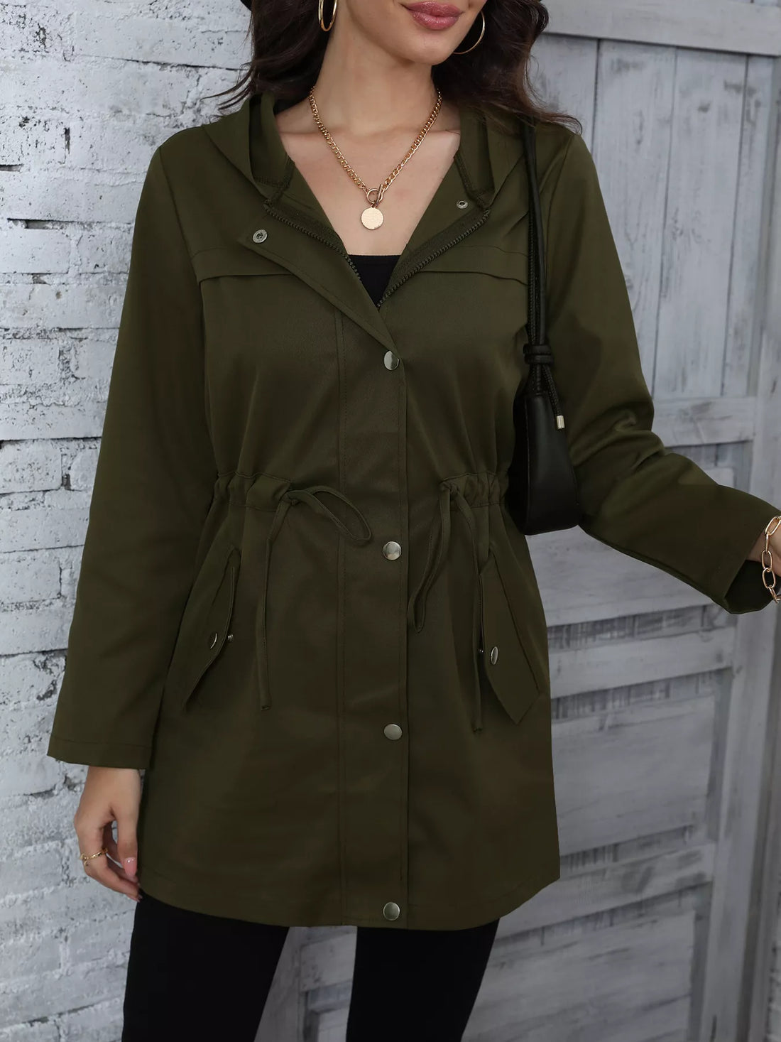 Hooded drawstring casual jacket in army green with button front and pockets.