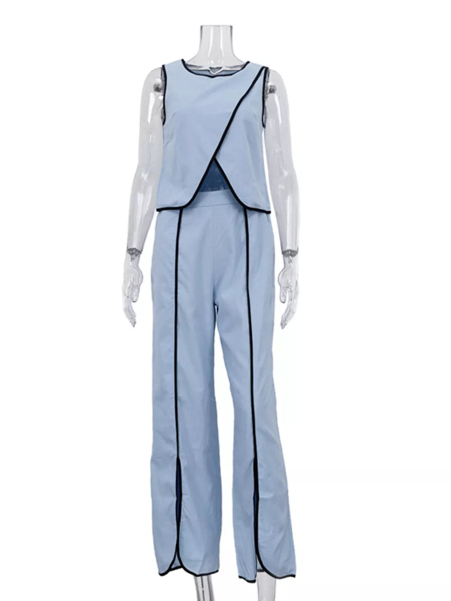 Light blue sleeveless top and wide-leg pants set with black trim and side slits