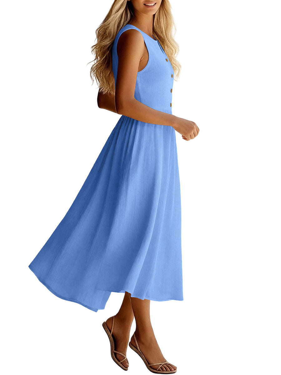 Sky blue sleeveless button front midi dress with a-line skirt