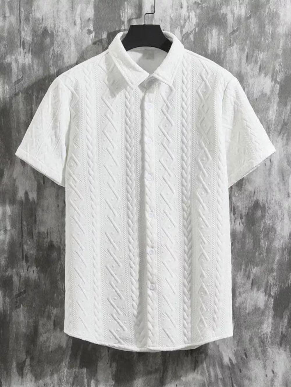 White knit polo shirt with cable knit texture and short sleeves