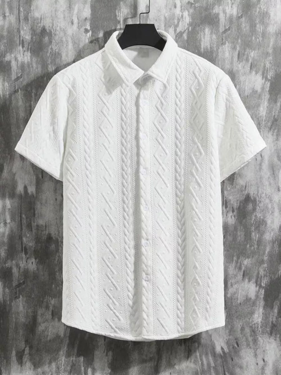 White knit polo shirt with cable knit texture and short sleeves