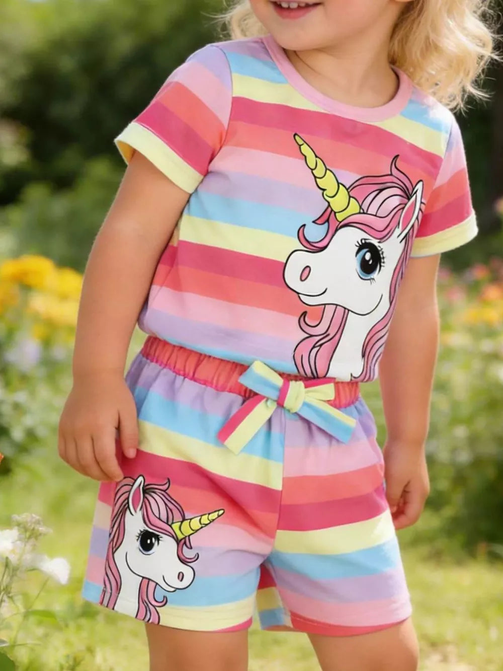 Baby girls rainbow striped unicorn graphic t-shirt and shorts set