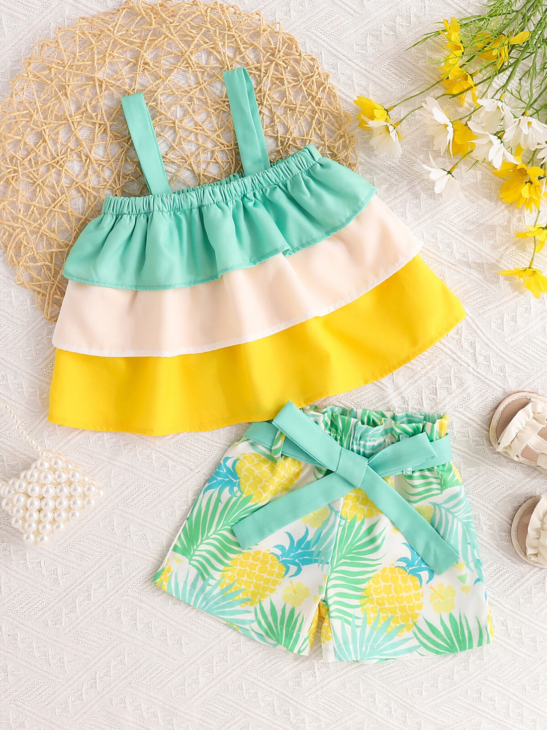 Baby girls tiered ruffle cami and pineapple print shorts set with mint green trim.