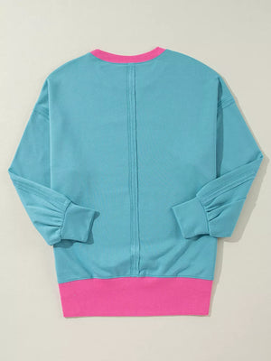 Teal with Colorblock Patchwork Crew Neck Sweatshirt