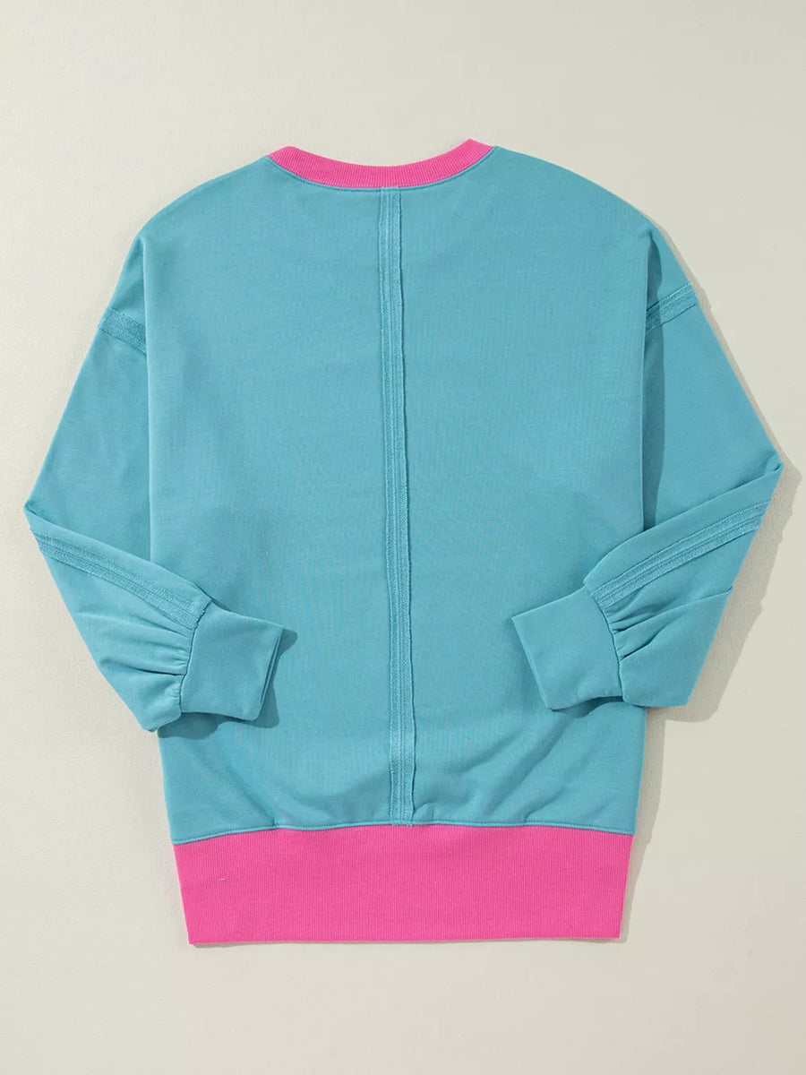 Teal with Colorblock Patchwork Crew Neck Sweatshirt