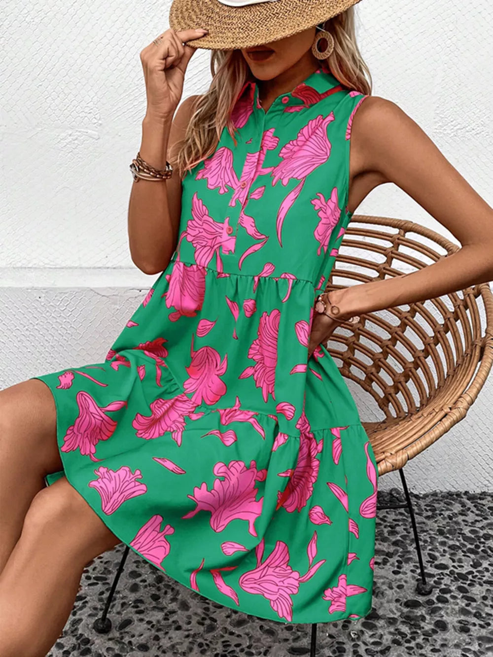 Green Sleeveless Floral Print Tiered Shirt Dress