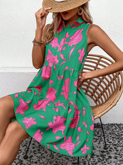Green Sleeveless Floral Print Tiered Shirt Dress