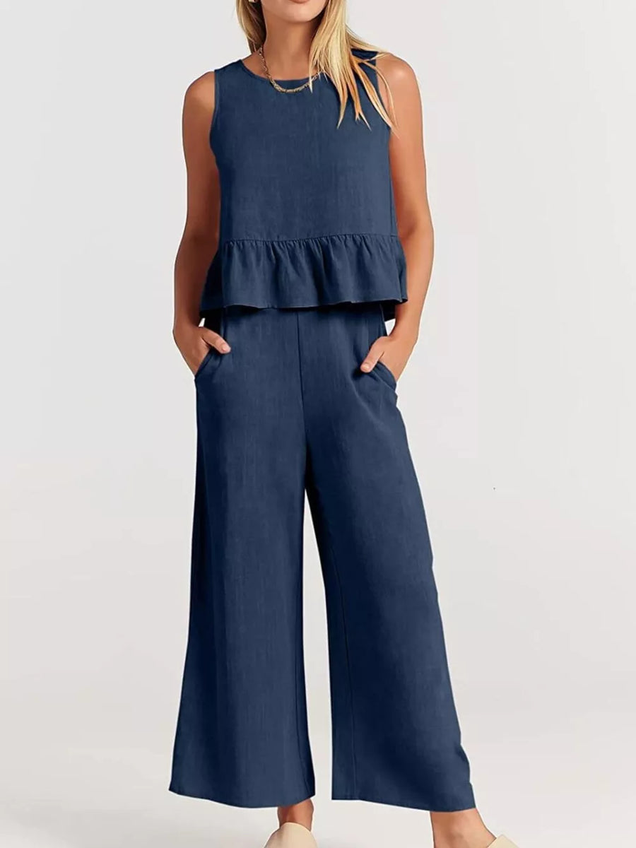 Ruffled Hem Sleeveless Top And Wide-leg Pants Set Plus Size in Green