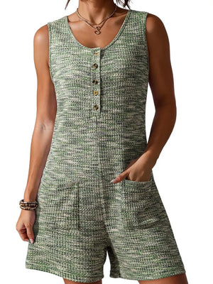 Textured button front romper in green with scoop neck, sleeveless, and patch pockets.