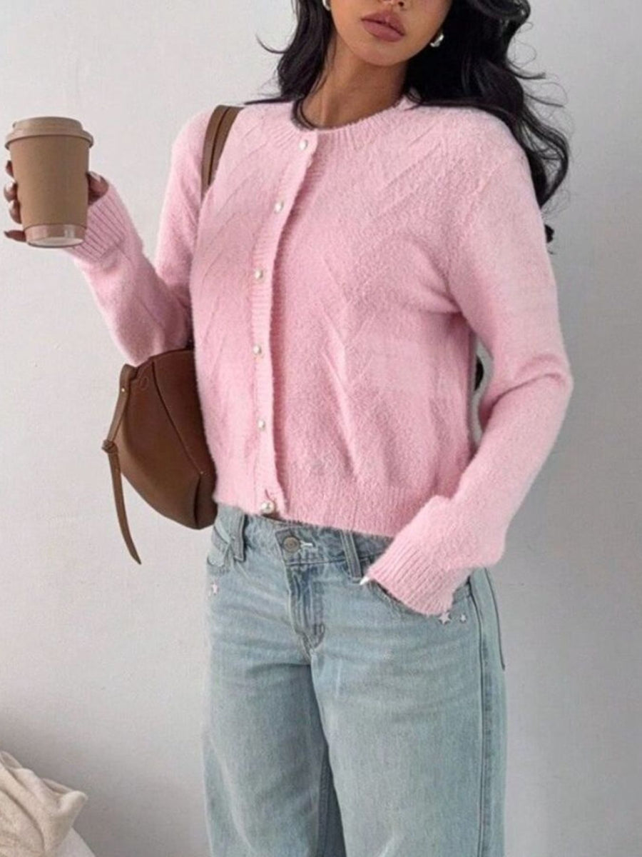 Pink cardigan with cropped and button-front