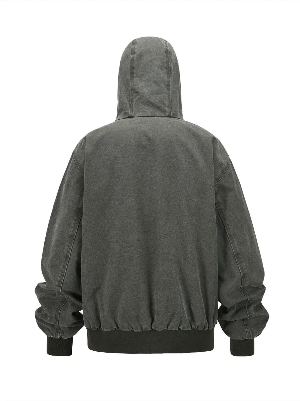 Washed canvas workwear hoodie jacket in Army Green with a ribbed hem and cuffs.