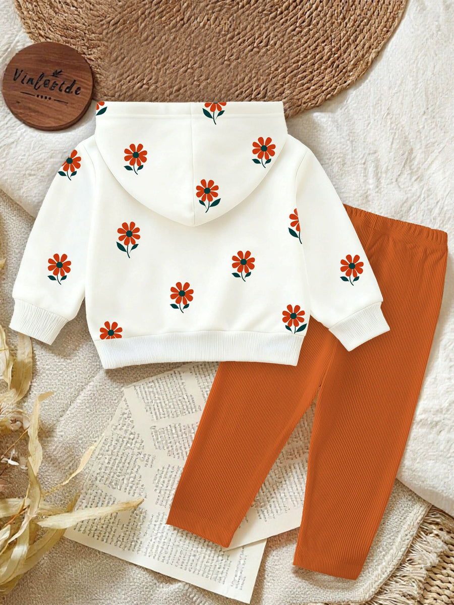 Baby floral hoodie and orange ribbed pants set