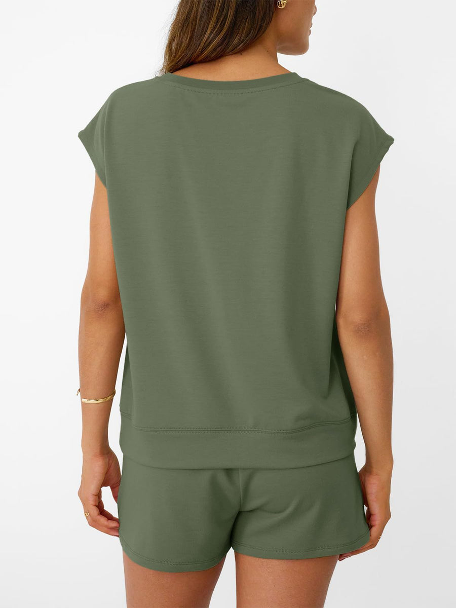 Army green loungewear set with round neck cap sleeve top and drawstring shorts