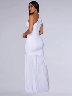 White ruched one-shoulder bodycon maxi dress with flowing skirt detail.