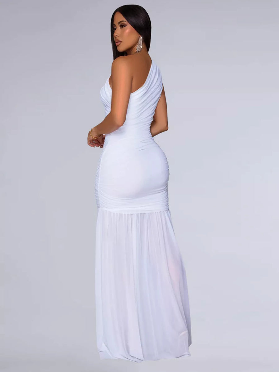 White ruched one-shoulder bodycon maxi dress with flowing skirt detail.
