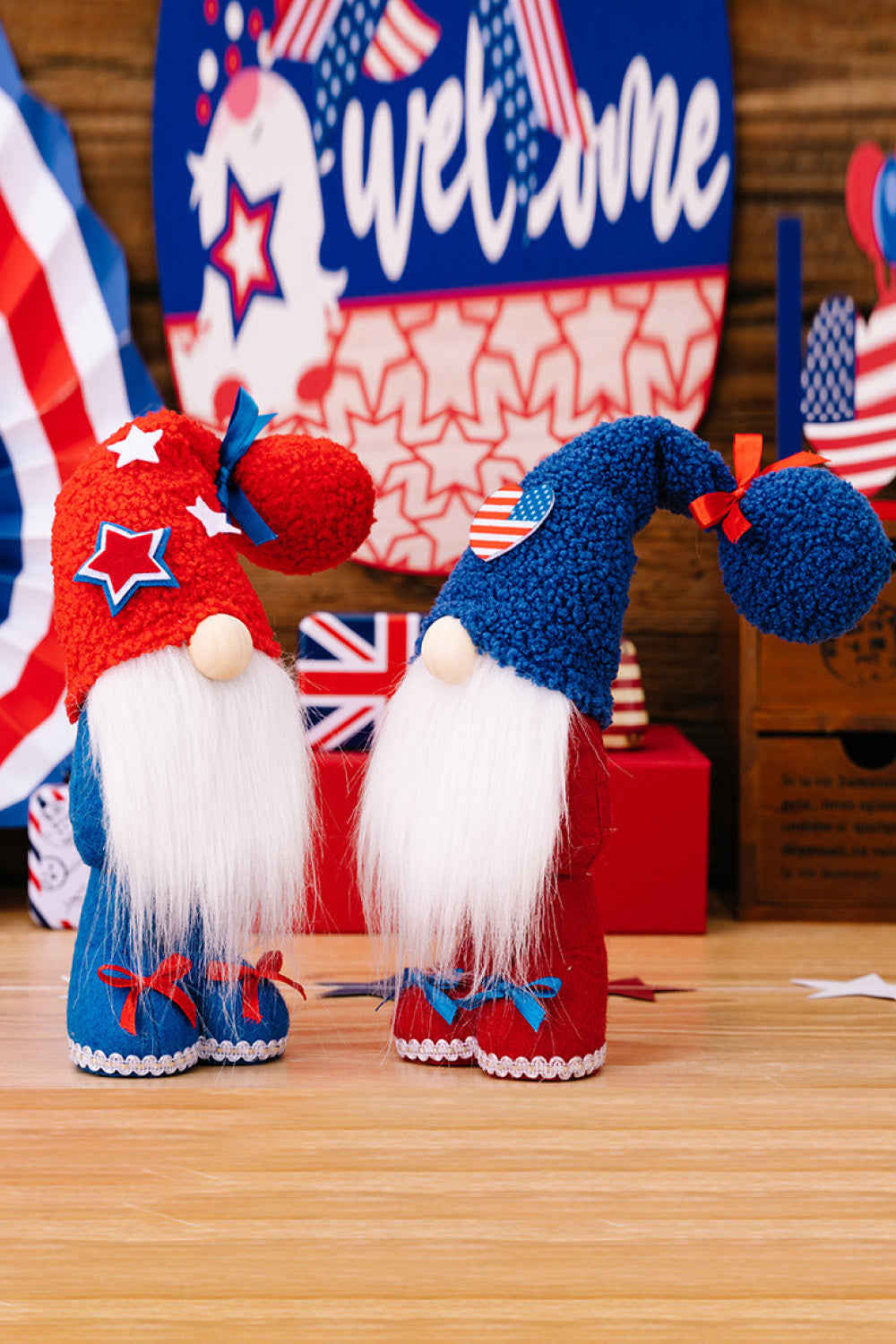 Stars & Stripes gnomes with white beards and patriotic hats, perfect for 4th of July decor.