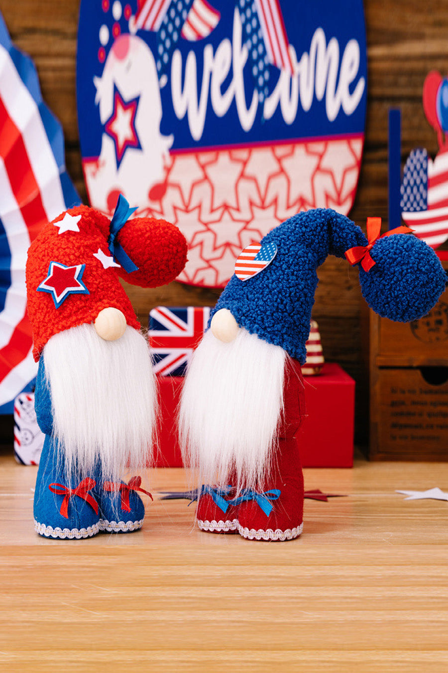 Stars & Stripes gnomes with white beards and patriotic hats, perfect for 4th of July decor.