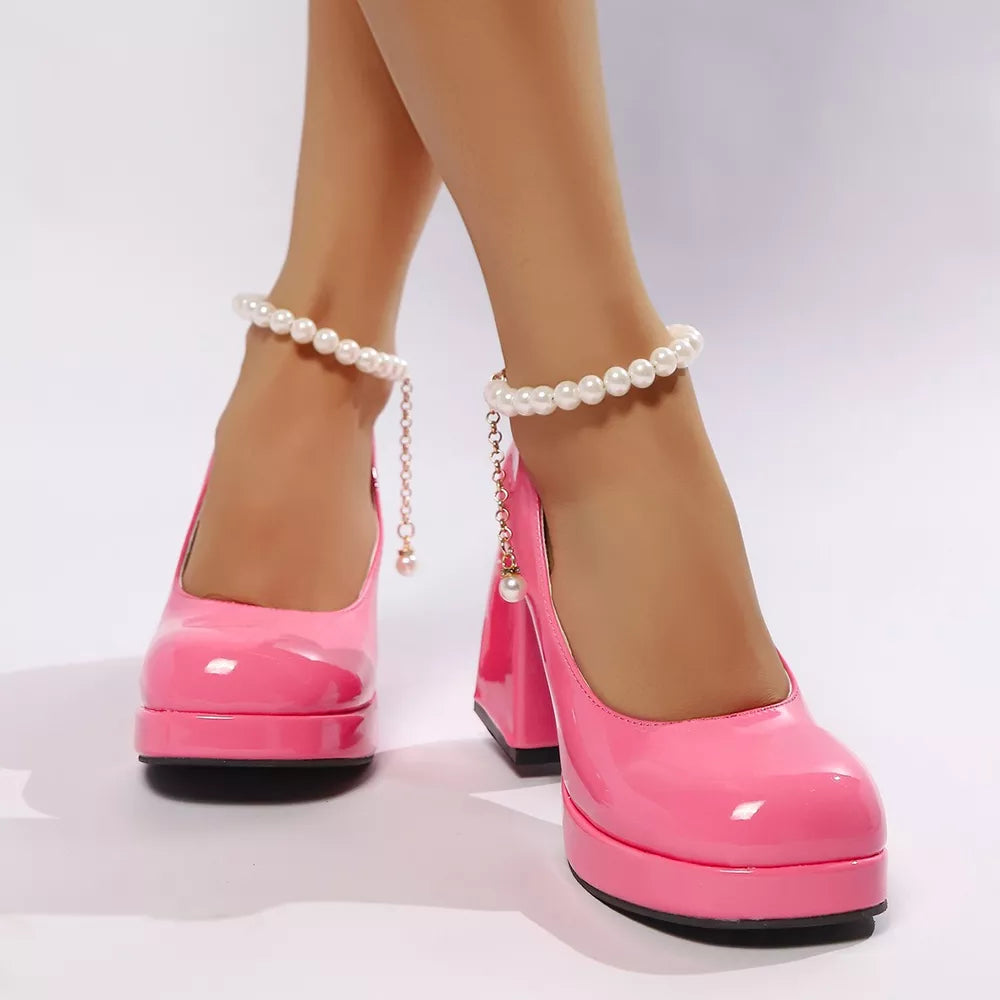 Burgundy Round Toe Block Heel Pumps