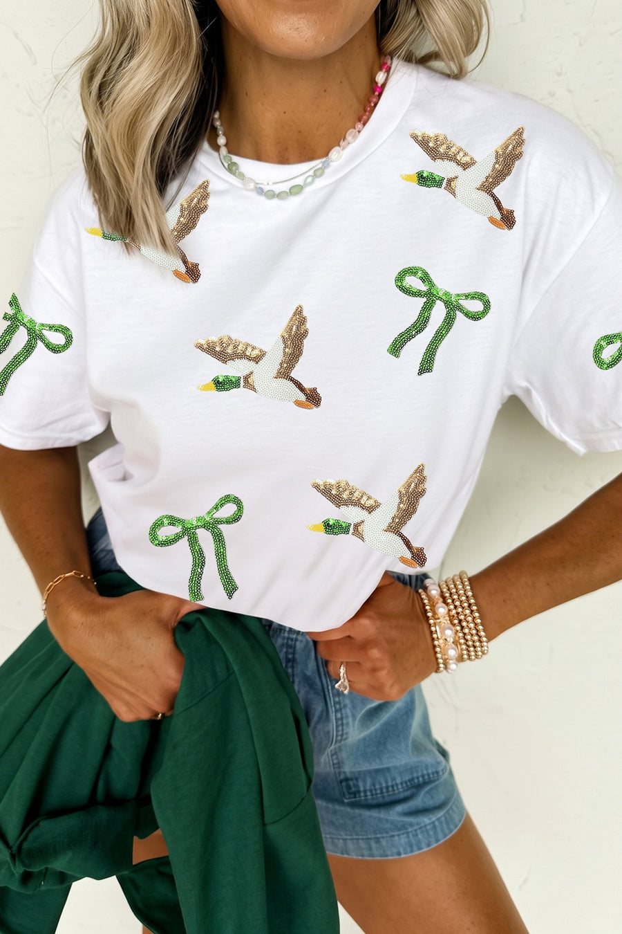 white t-shirt with graphic-print and crew neck