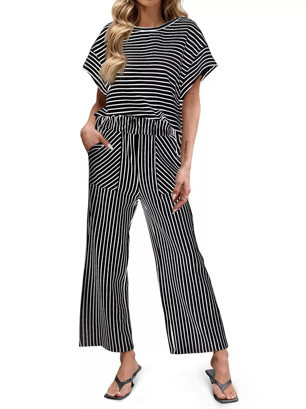 two-piece set in Bright Pink with striped and drawstring