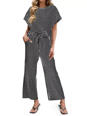 two-piece set in Bright Pink with striped and drawstring