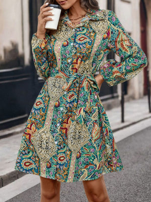 gold shirt dress featuring buttoned and paisley